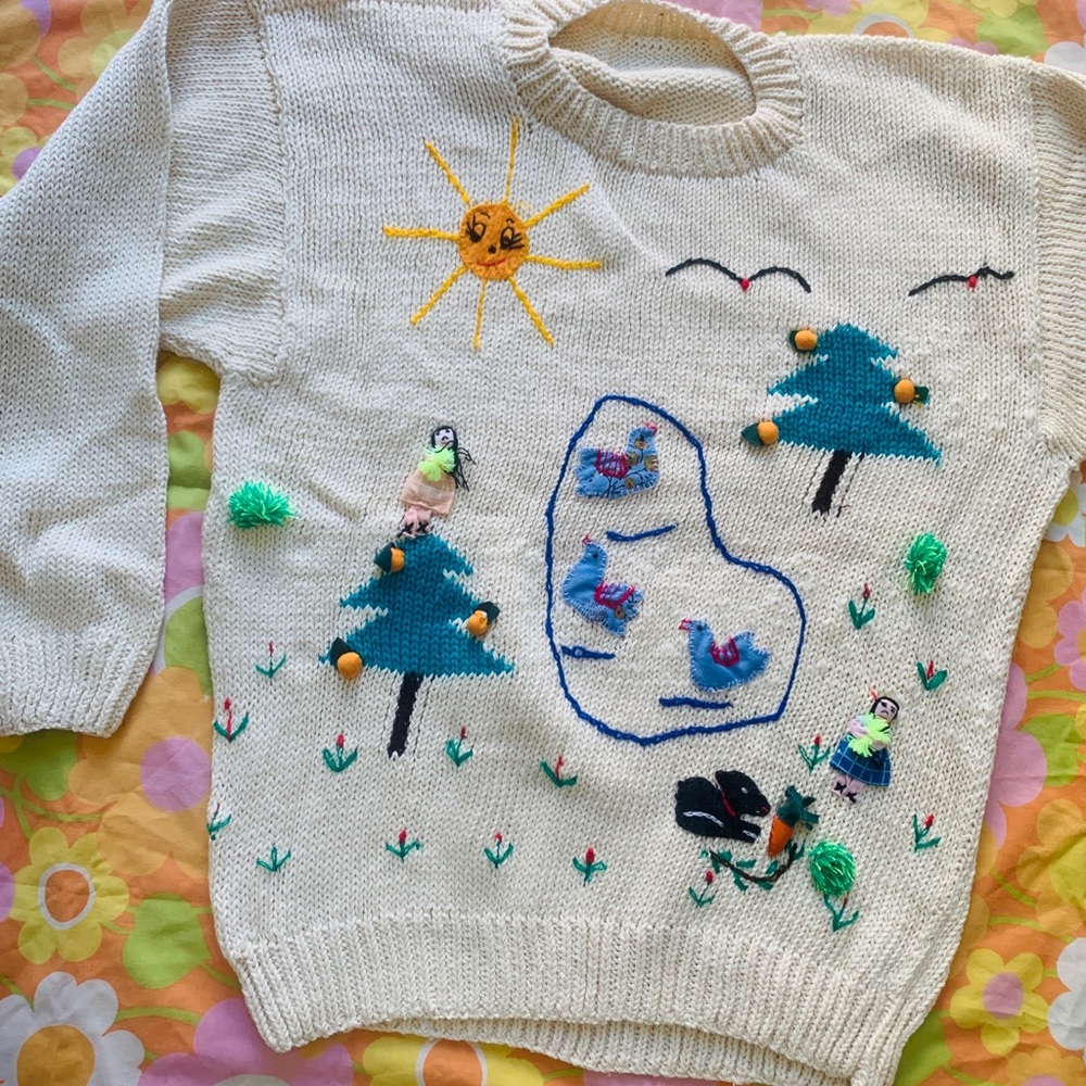 SOLD VTG 1980s Orange Trees & Bird Bath Sweater